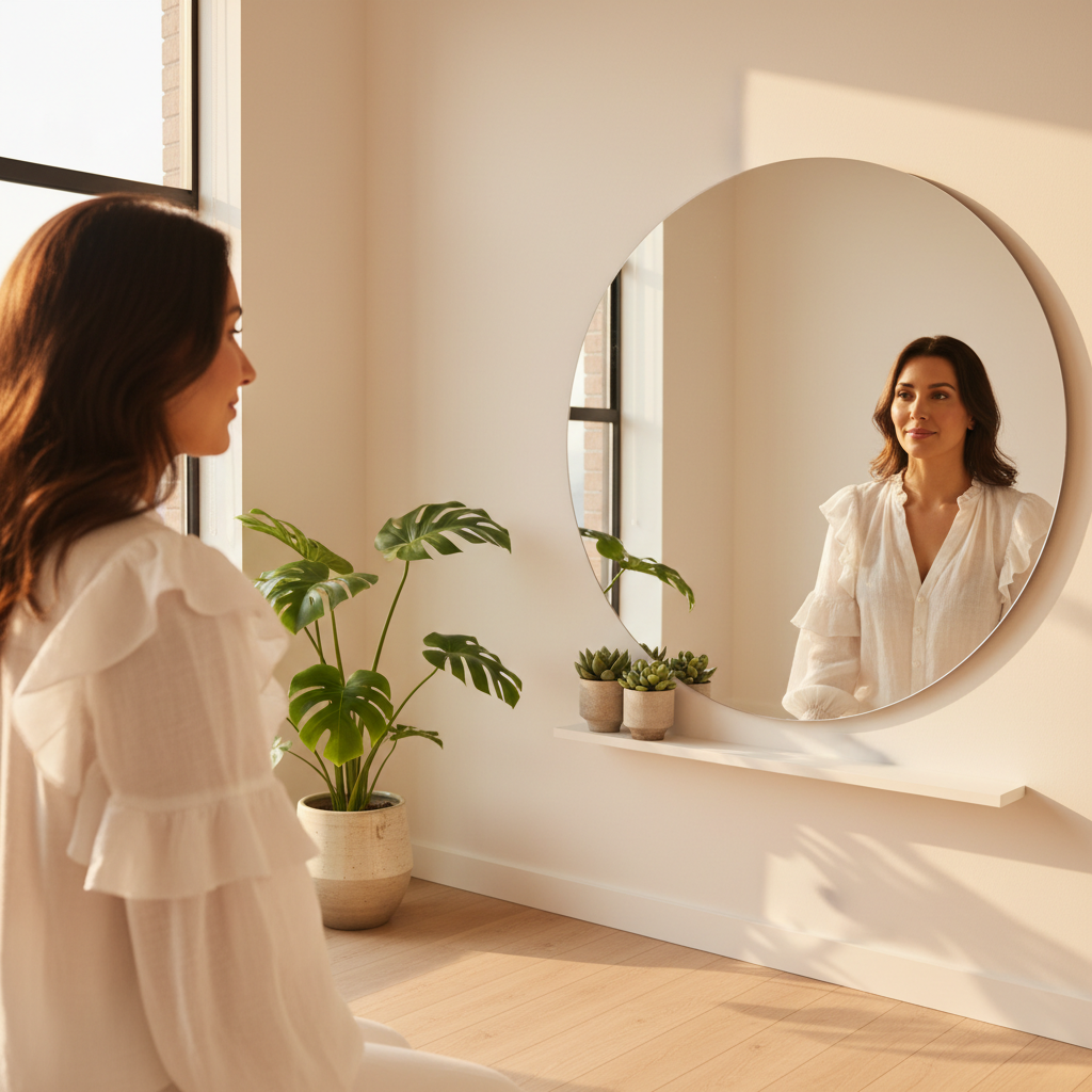 Femme souriante face à son reflet dans un miroir, confiance et bienveillance en soi