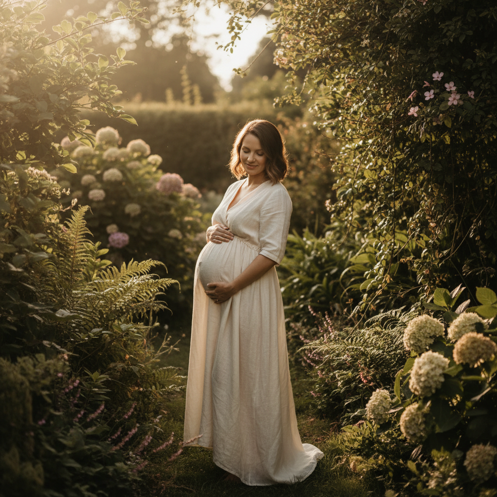 Femme enceinte sereine, main posée sur le ventre, lumière dorée et naturelle
