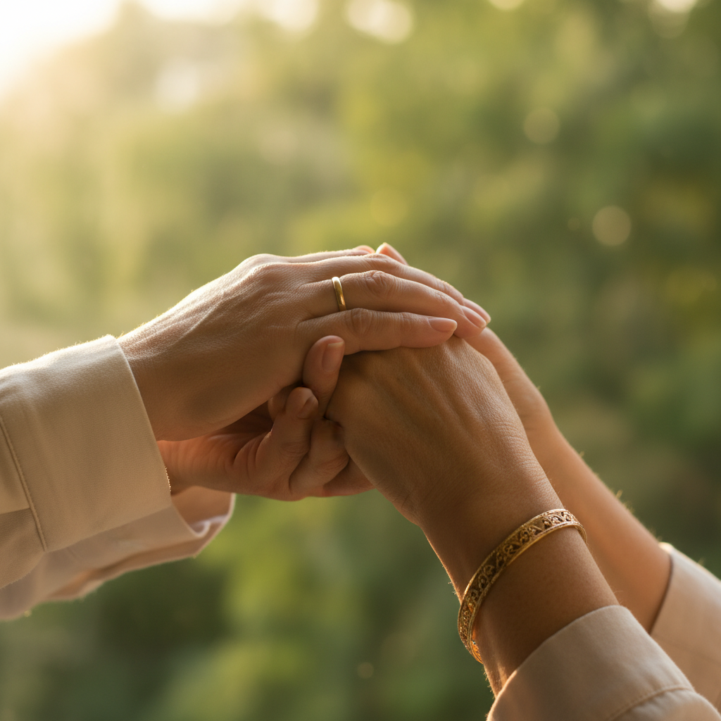 Mains qui se tiennent avec tendresse, réconfort et accompagnement