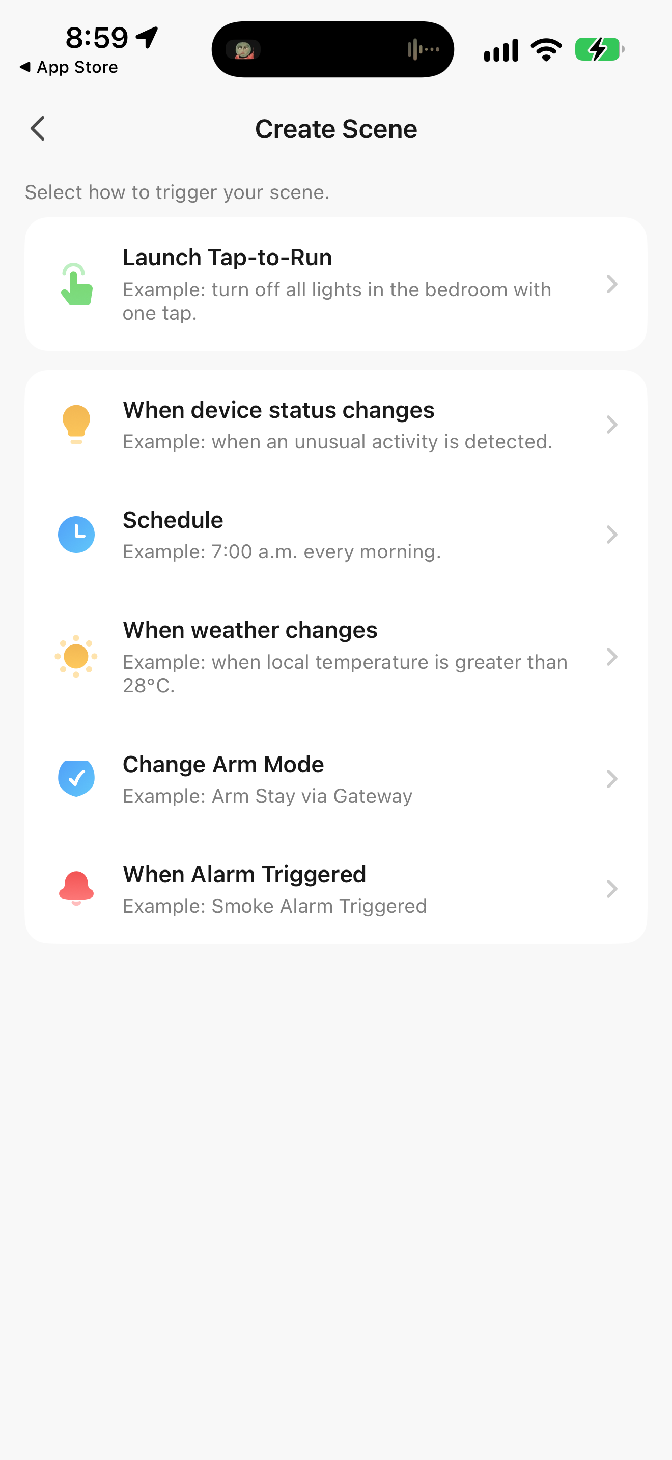 Create Scene screen listing tap-to-run, device-status, schedule, weather, arm-mode, and alarm triggers.