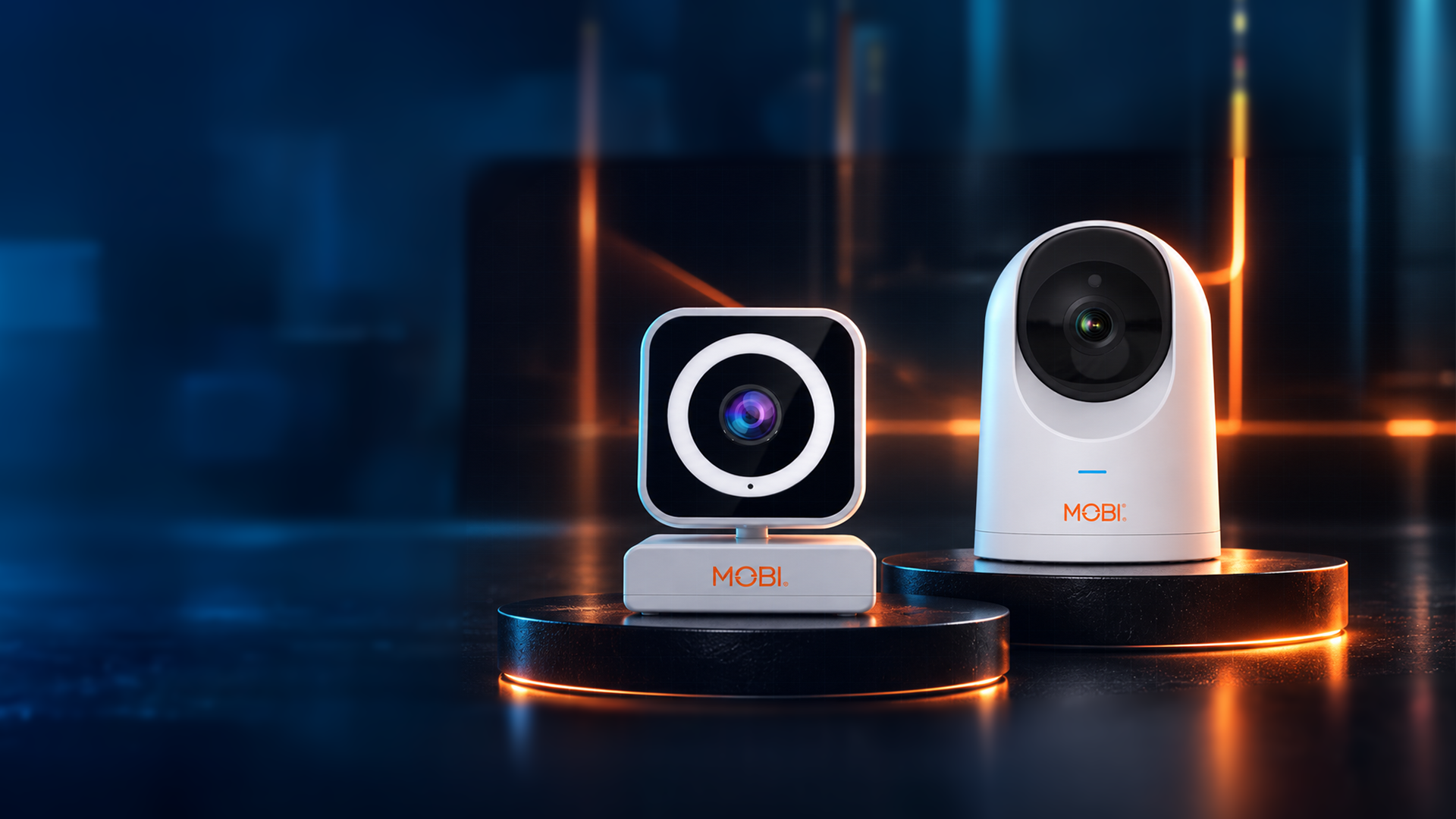 Two MOBI smart home security cameras on dark podiums with blue and orange accent lighting