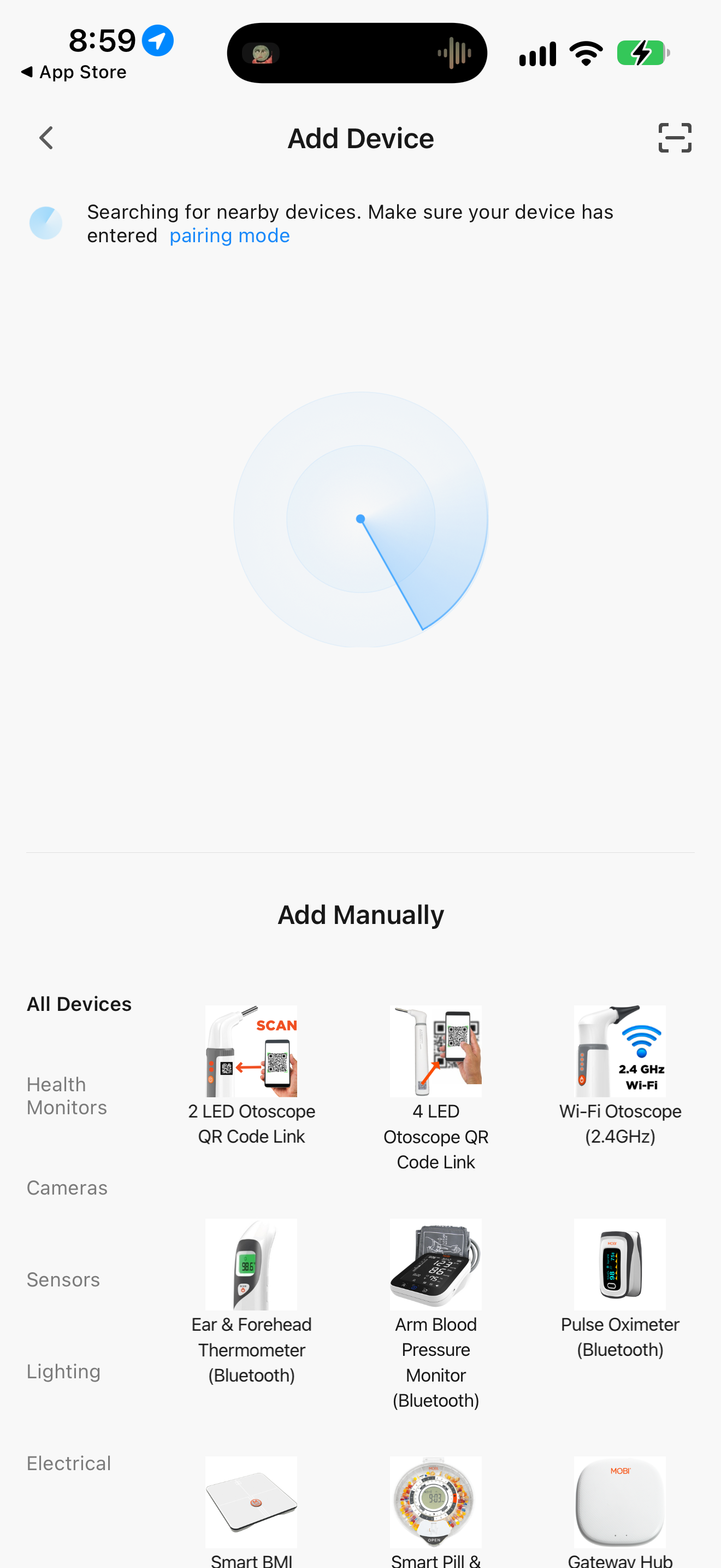 MOBI Smart Add Device screen showing compatible product categories.