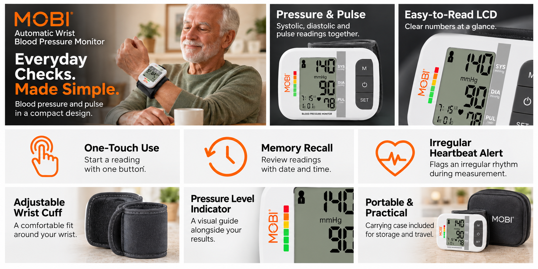 Wrist Blood Pressure Monitor with Large LCD & Auto Memory feature overview