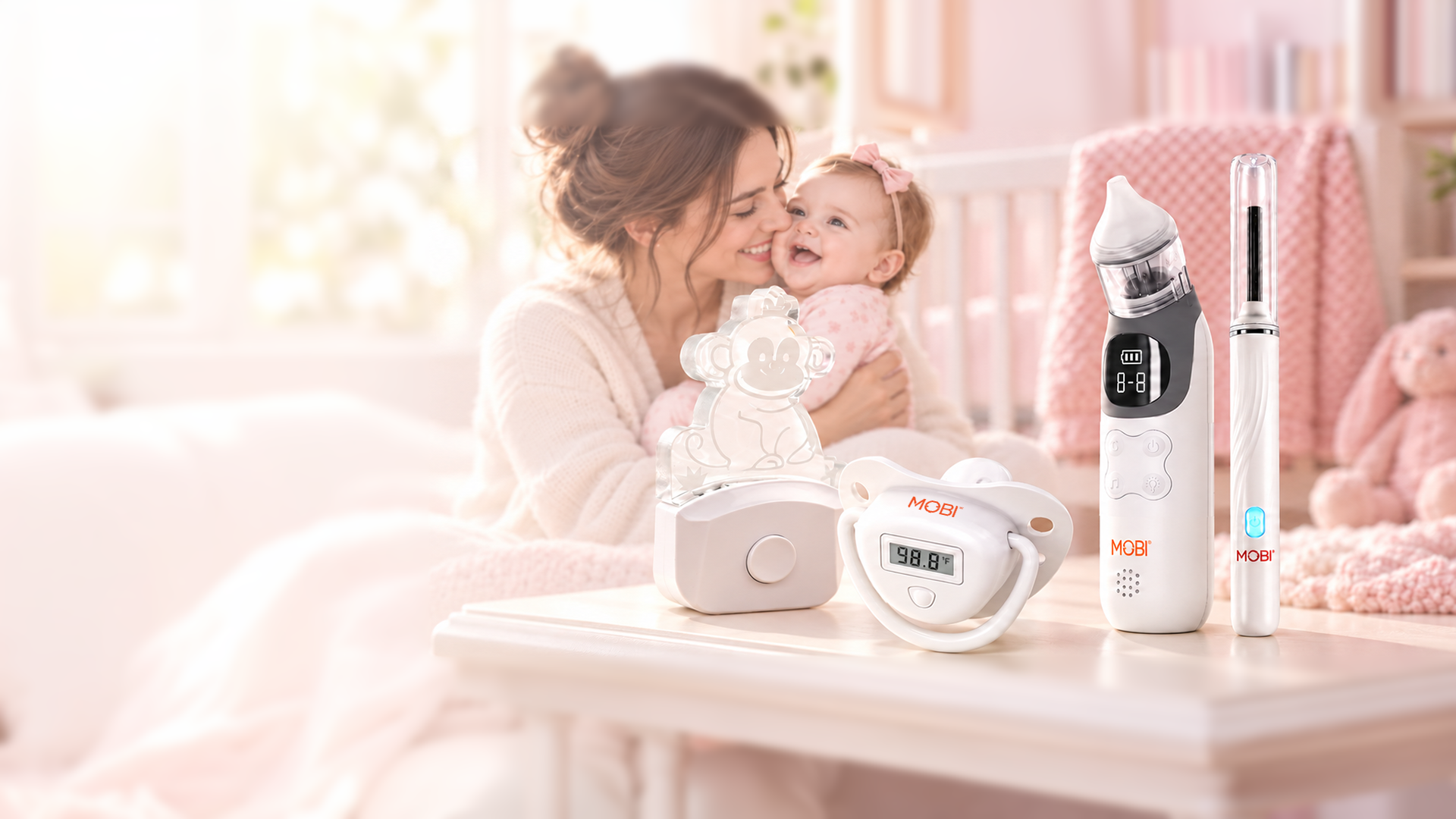 Mother holding her smiling baby in a bright nursery with MOBI night light, pacifier thermometer, nasal aspirator, and digital thermometer