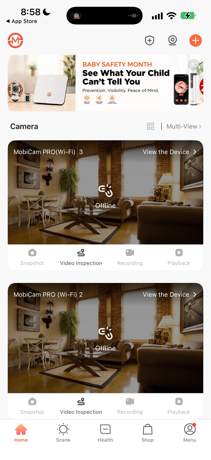 MOBI Smart Home dashboard displaying two MobiCam PRO camera cards marked Offline.
