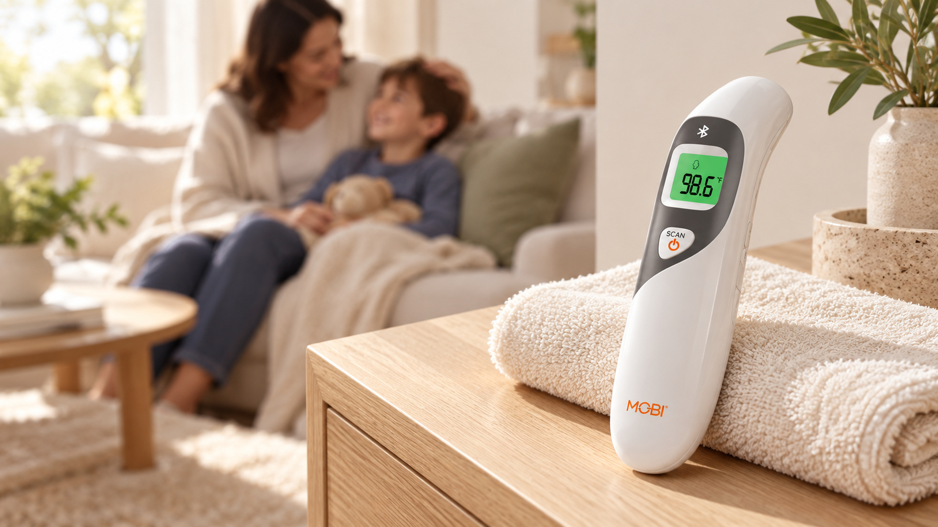 DualScan Bluetooth Thermometer resting on a table while a mother and child sit together