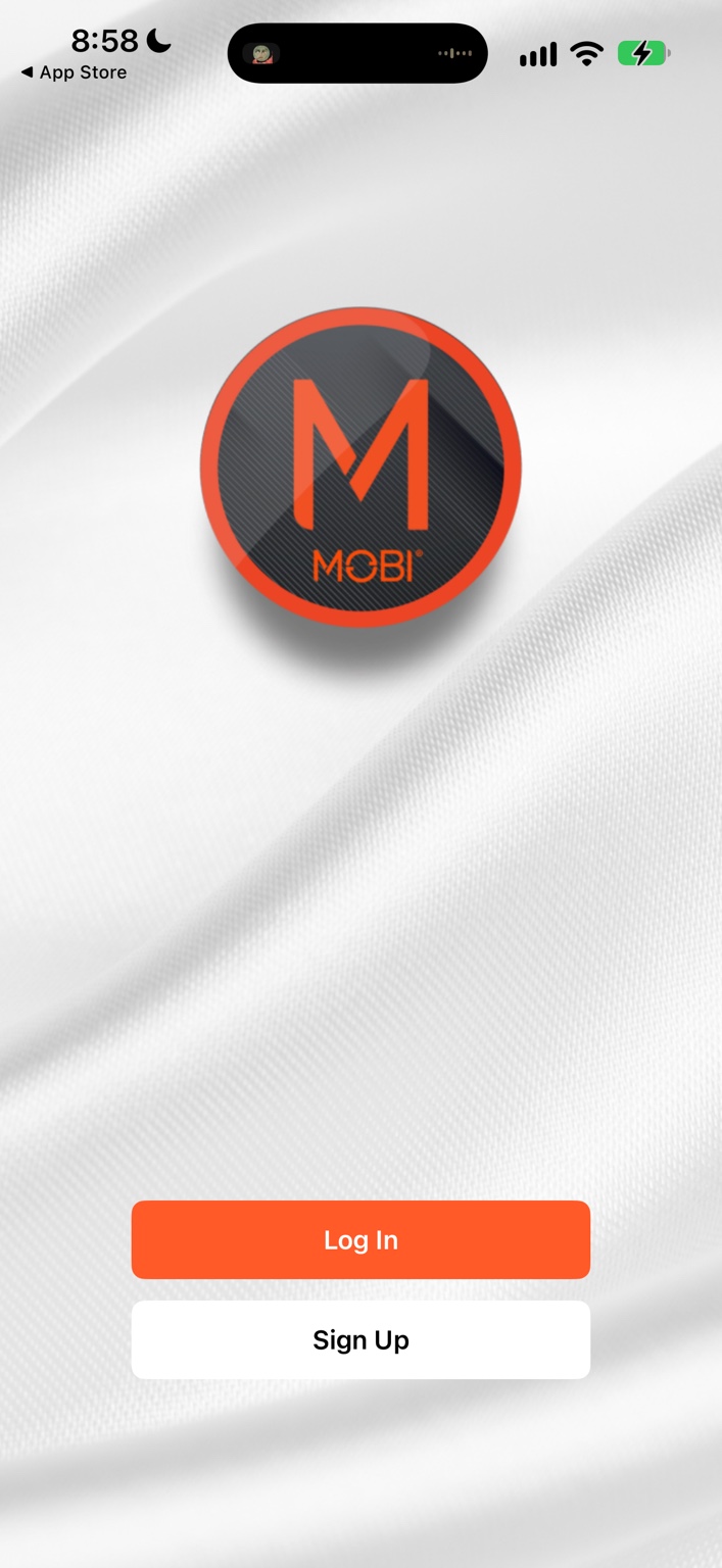 MOBI Smart welcome screen with Log In and Sign Up buttons.