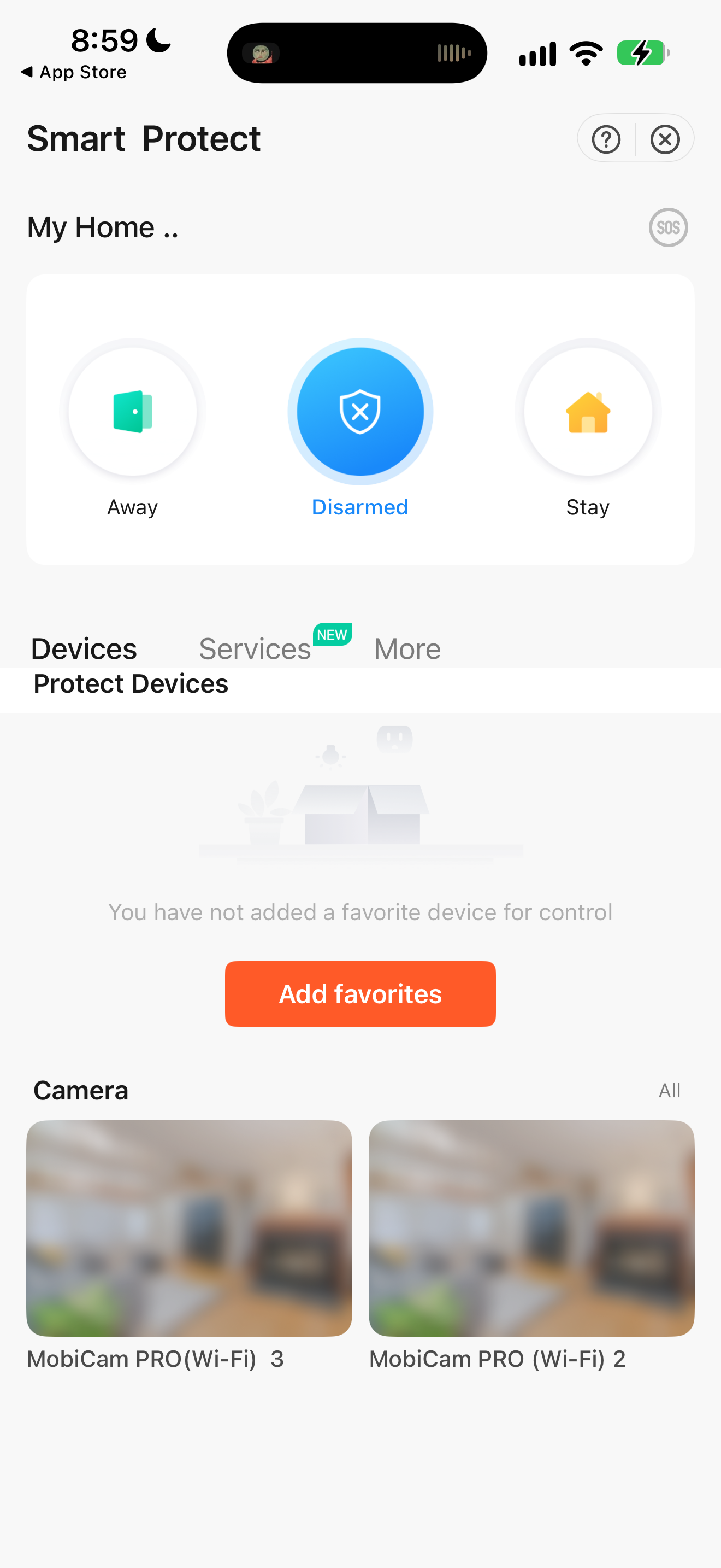 Smart Protect dashboard with Away, Disarmed, and Stay options; Disarmed is selected.