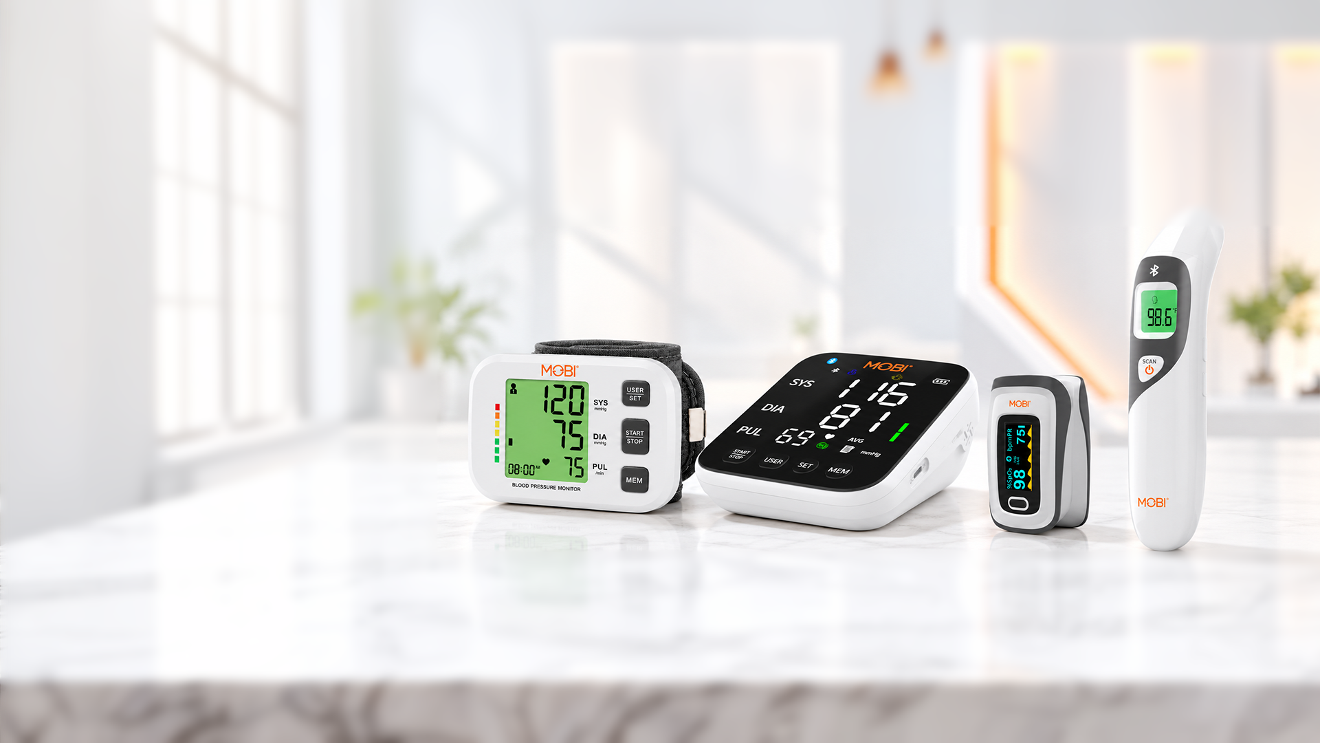 MOBI wrist and upper arm blood pressure monitors, pulse oximeter, and non-contact thermometer on a marble counter