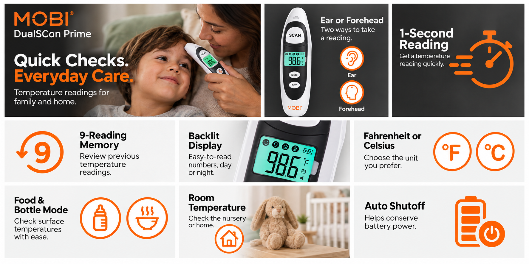 MOBI DualScan Prime — one thermometer, total peace of mind: ear, forehead, food & bottle, and room temperature modes, 1-second readings, memory recall, and travel-ready design