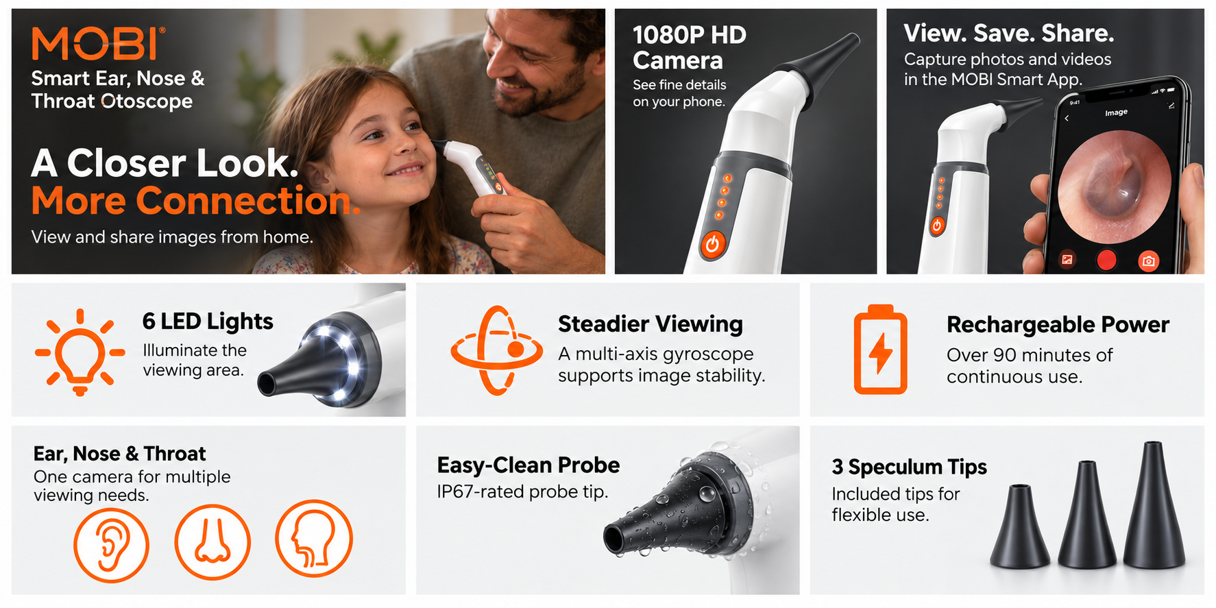 Smart Otoscope Jr. — Ear, Nose, Throat 1080P HD Camera feature overview