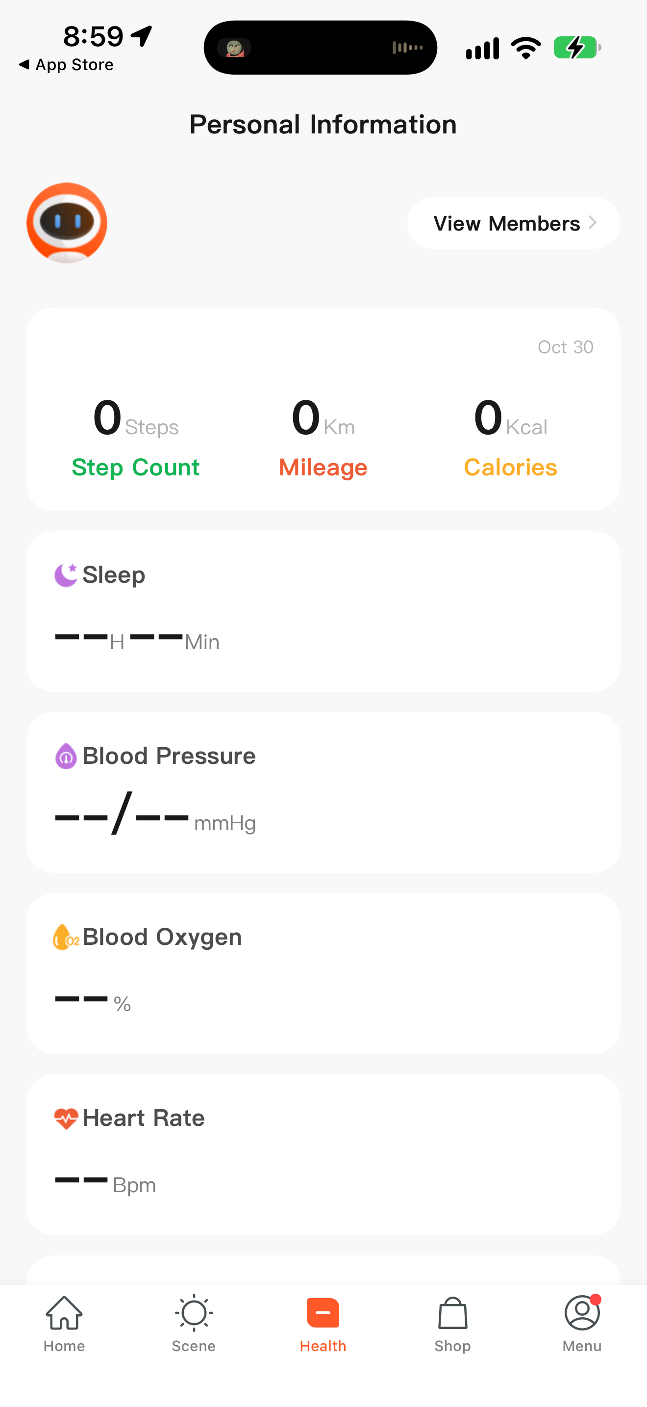 MOBI Smart Health dashboard with activity and wellness categories, shown before readings are added.