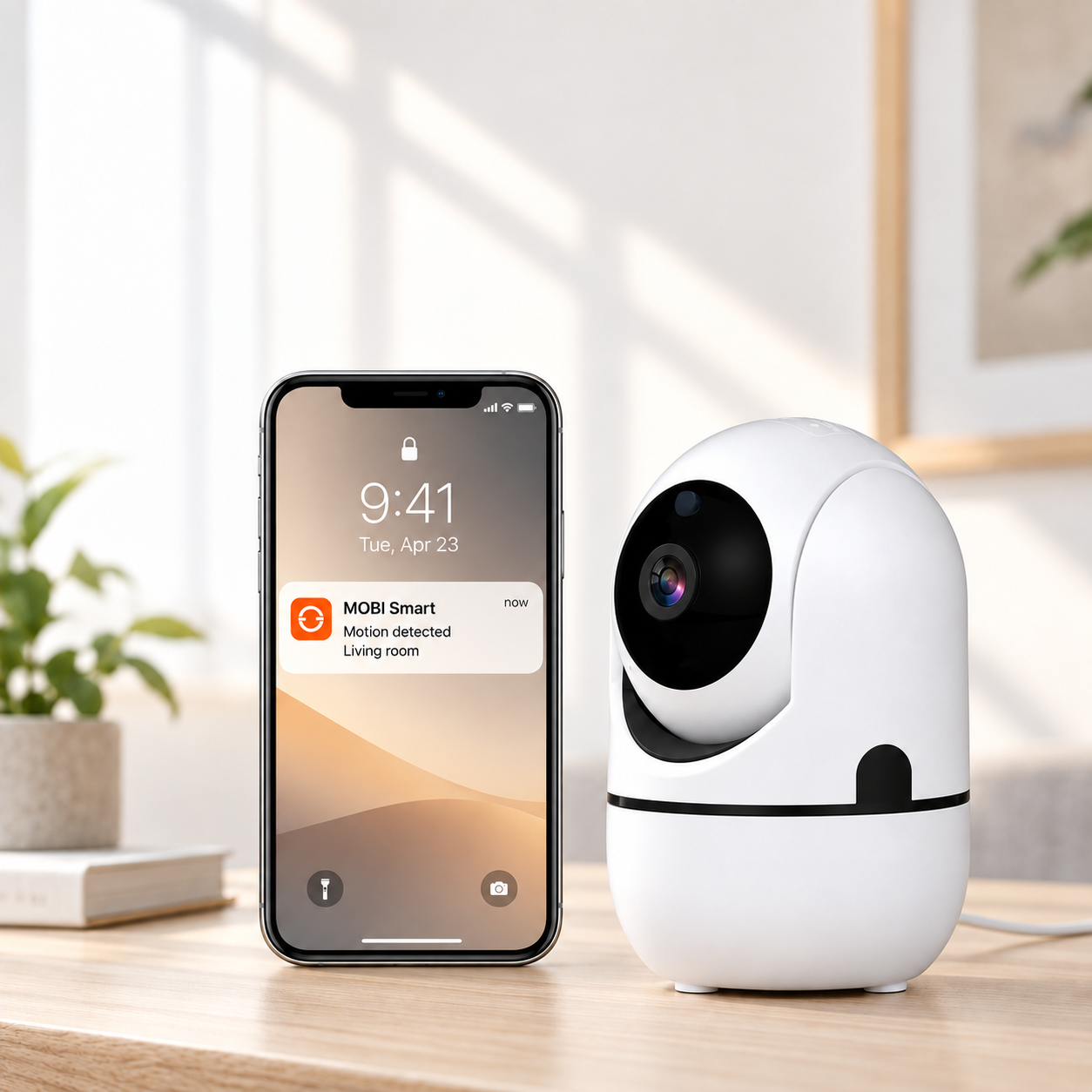 MOBI camera and MOBI Smart app with motion alert on a phone