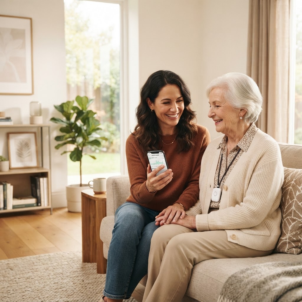 Senior woman wearing a MOBI alert button beside her daughter reviewing the MOBI Smart App