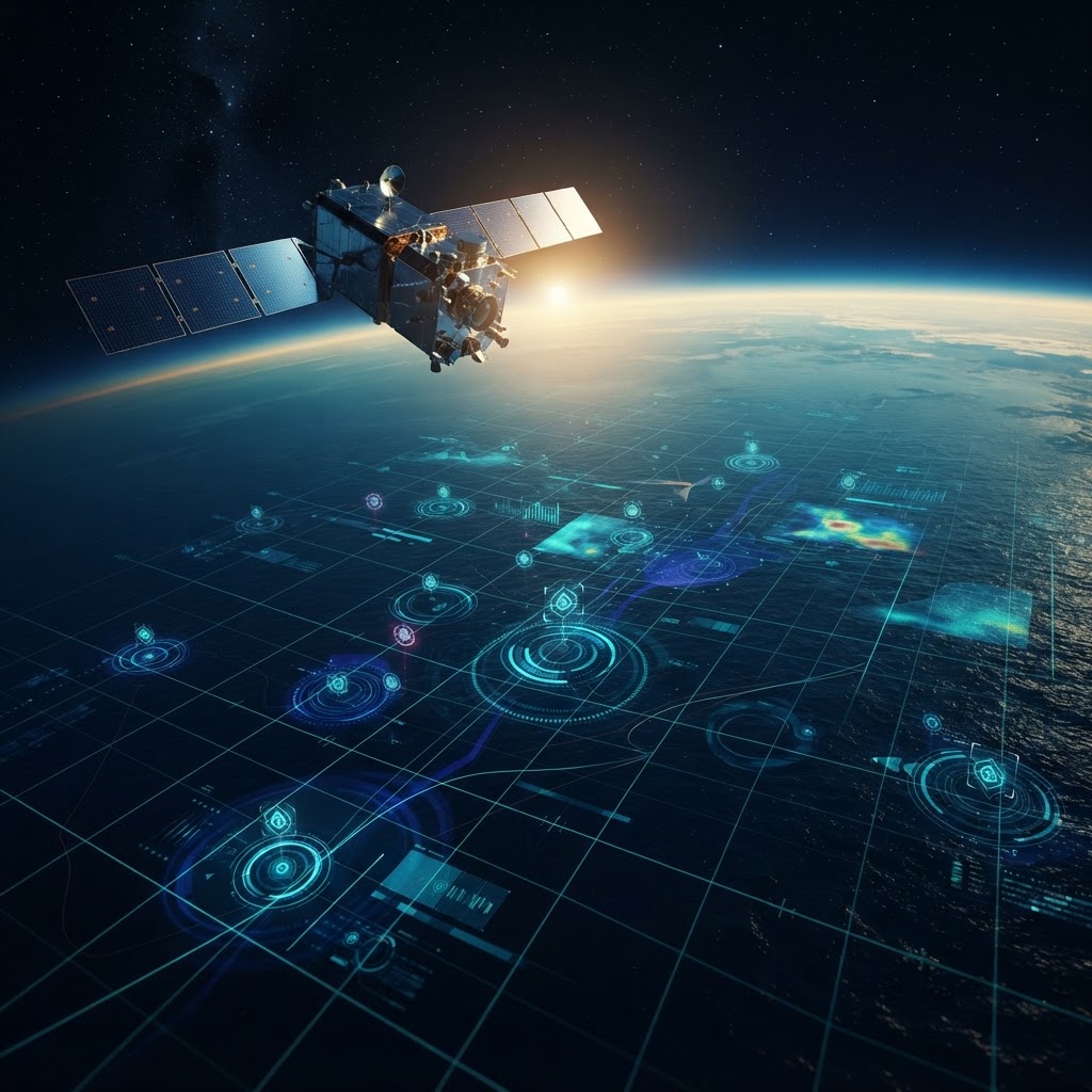 Satellite orbiting Earth with geospatial intelligence data overlays