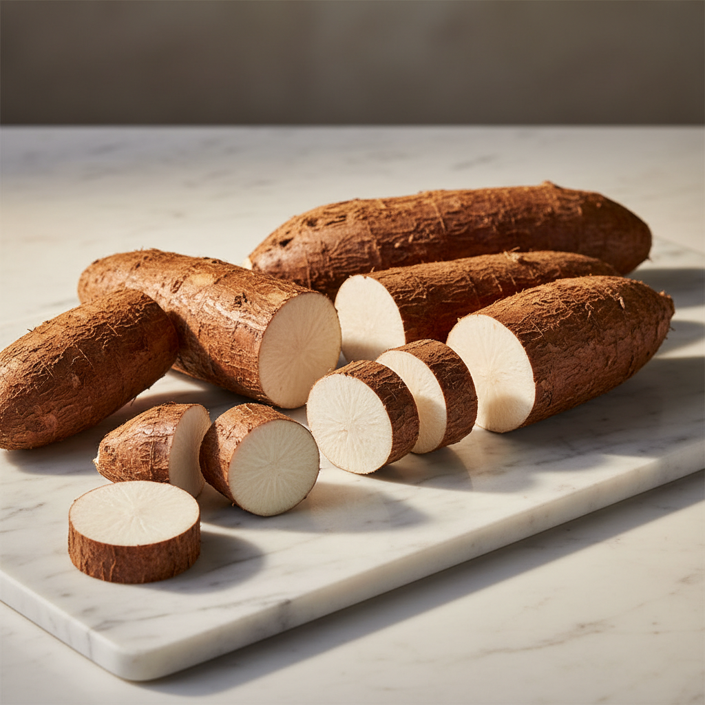 Tubérculo de yuca natural y cortado, mostrando su textura blanca auténtica