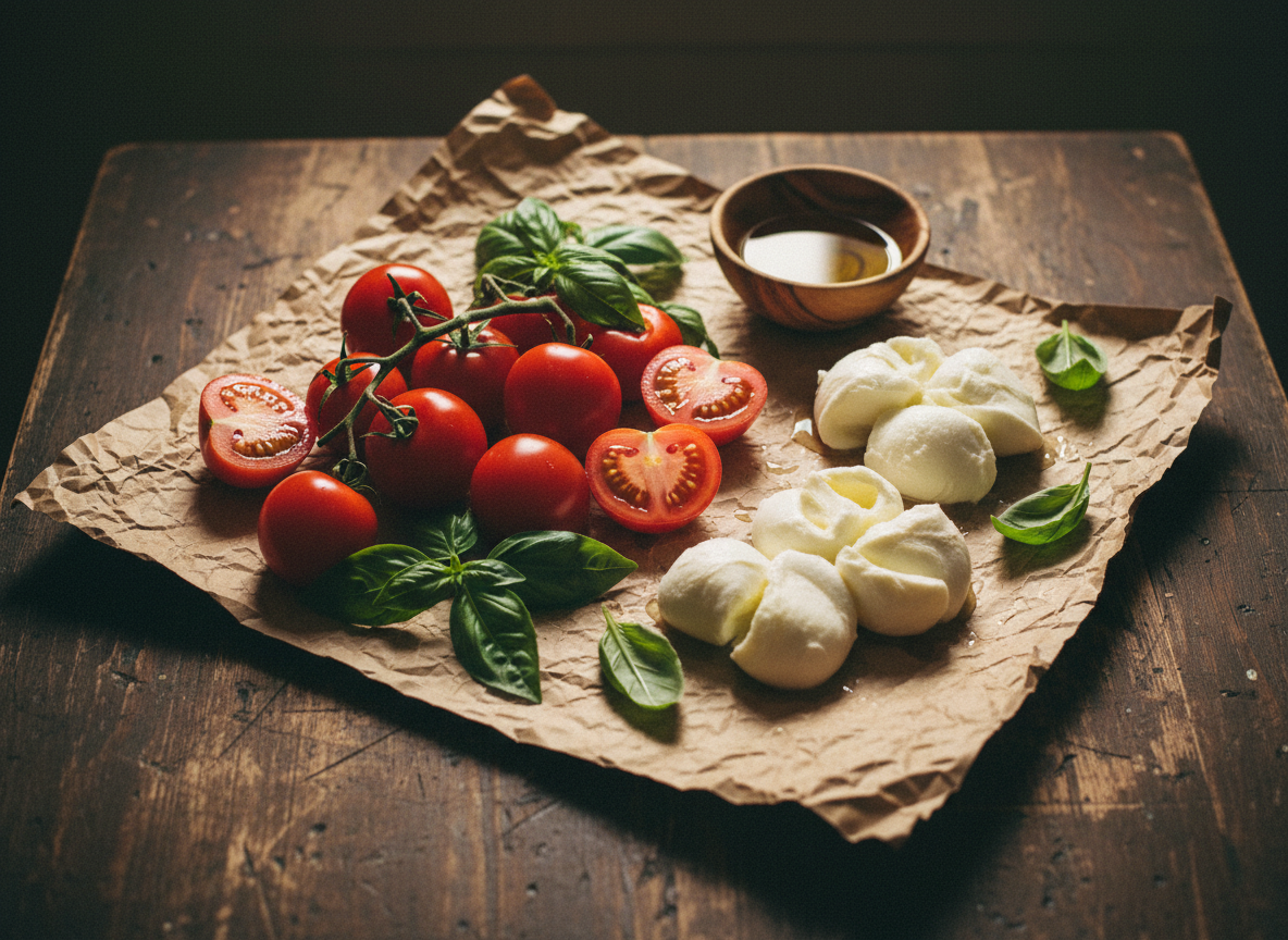 Producto de proximidad: tomates, albahaca y ingredientes frescos