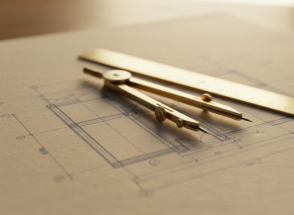 Architectural blueprints with precision tools