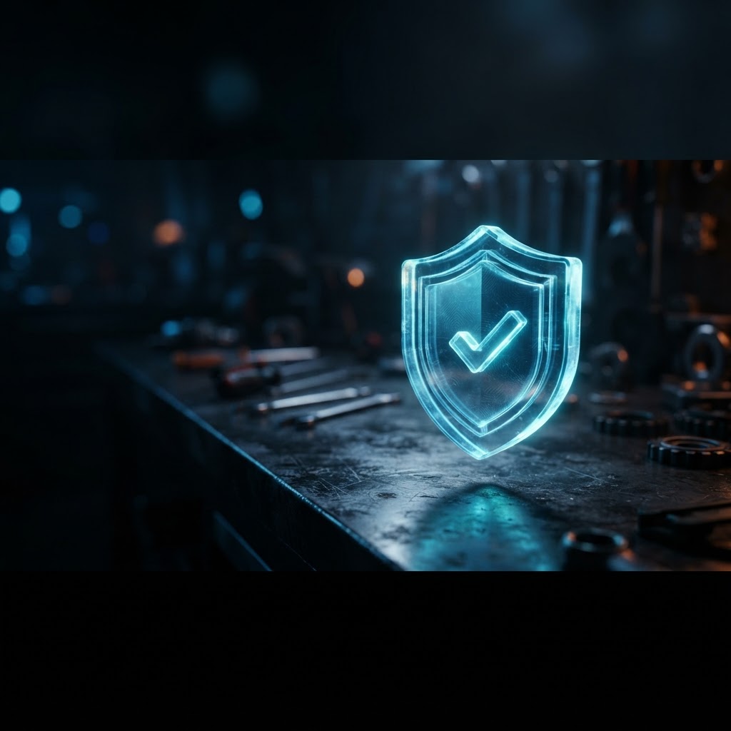Cinematic glowing warranty shield over a dark workshop surface