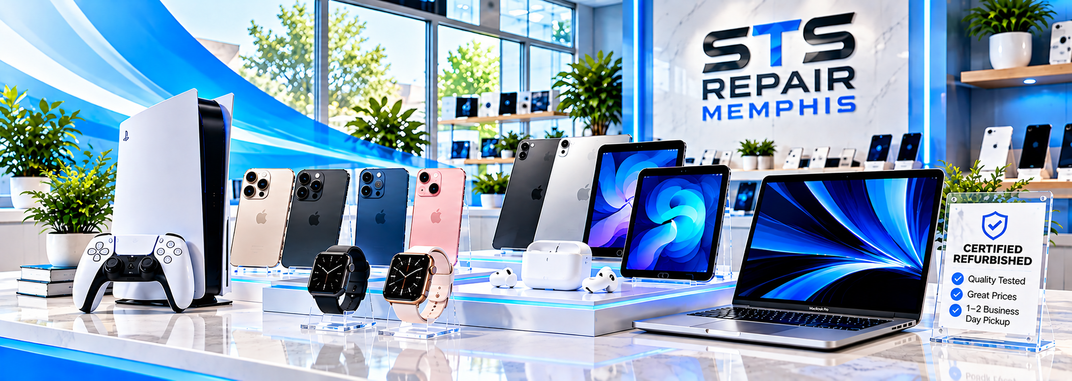 The STS Repair Memphis refurbished device showroom — a brightly lit counter displaying a games console, smartphones, smartwatches, earbuds, tablets and an open laptop, with the STS Repair Memphis wall branding and a Certified Refurbished sign behind them
