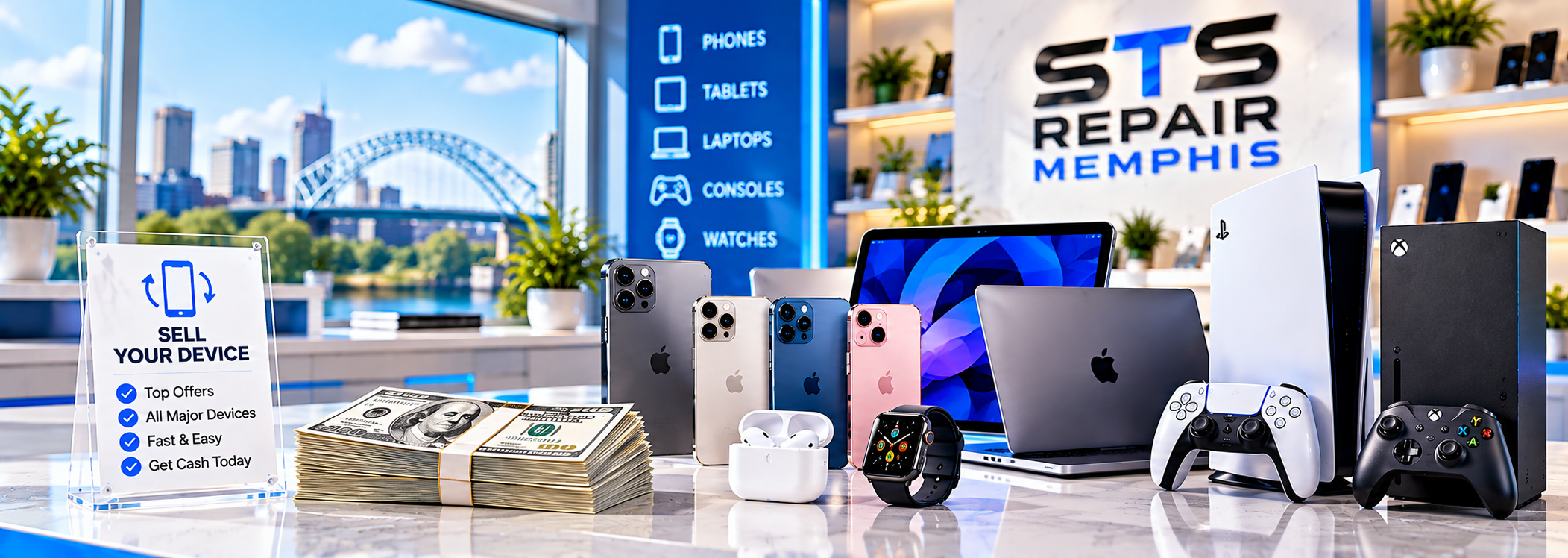 The STS Repair Memphis buyback showroom — an illuminated counter display of smartphones, tablets, a laptop, a smartwatch, earbuds, a PlayStation 5 and an Xbox beside a stack of cash, with the STS Repair Memphis sign