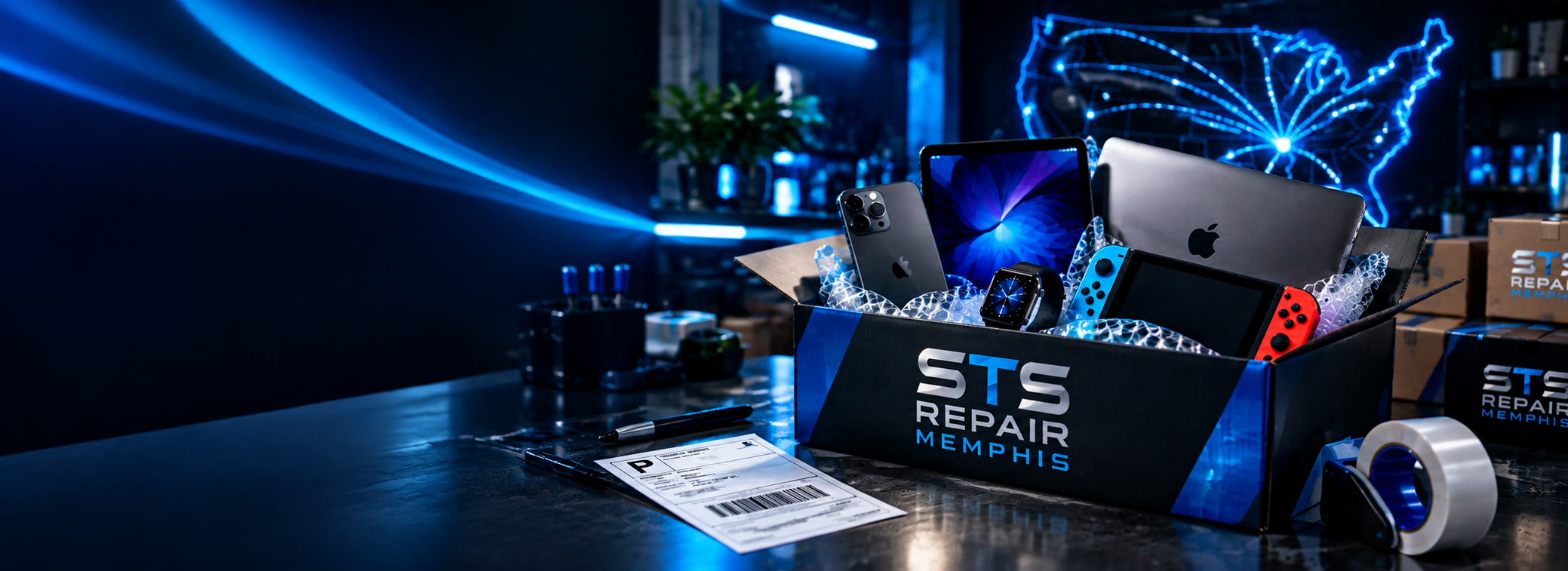 An STS Repair Memphis branded shipping box packed with devices under electric-blue lighting, with a glowing route map behind it