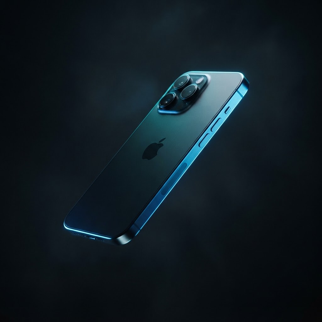 Cinematic iPhone floating with electric blue rim lighting on a dark background