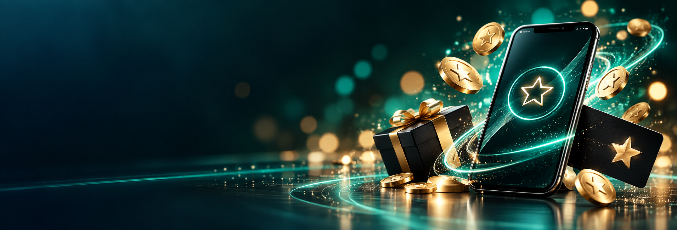 Rewards artwork — a smartphone with a glowing neon star, a gift box, gold star coins and a rewards card on a dark reflective surface