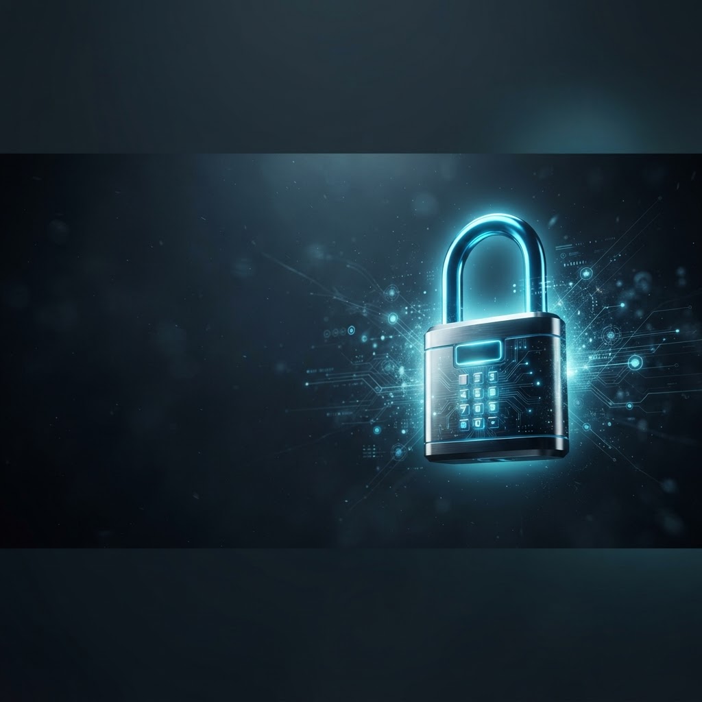 Cinematic glowing padlock surrounded by digital security elements