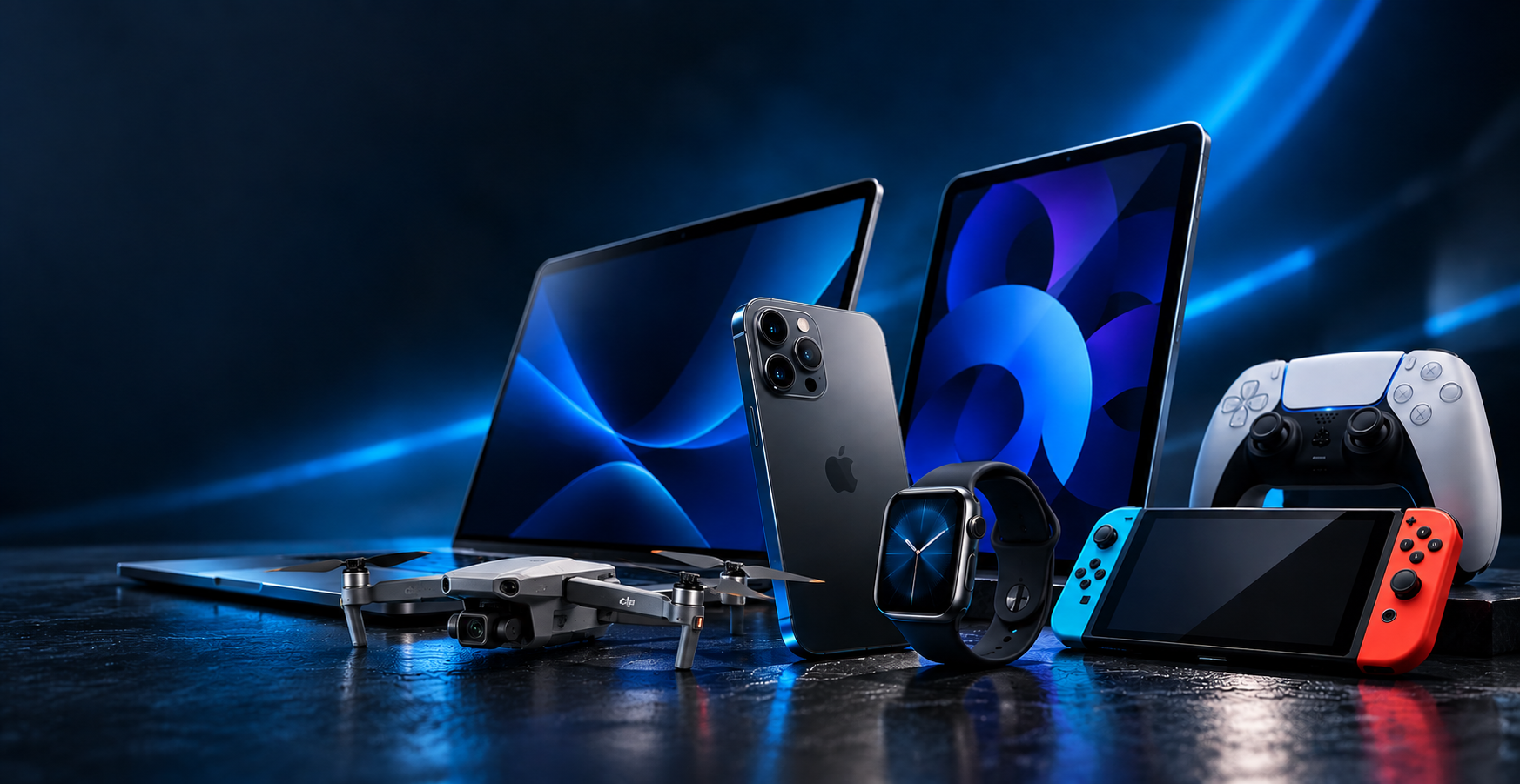 A collection of devices — laptop, tablet, smartphone, smartwatch, gaming console and drone — on a dark reflective surface lit with electric blue light