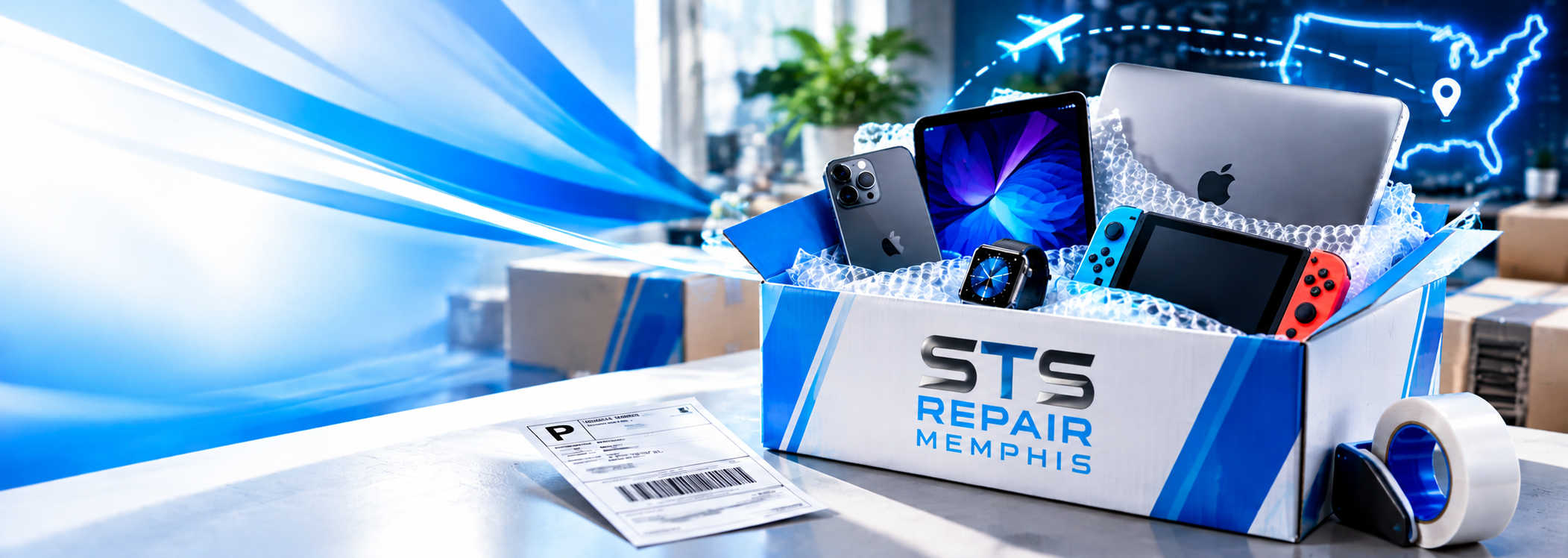 An STS Repair Memphis branded shipping box filled with bubble wrap and customer devices, beside a shipping label and a glowing route map