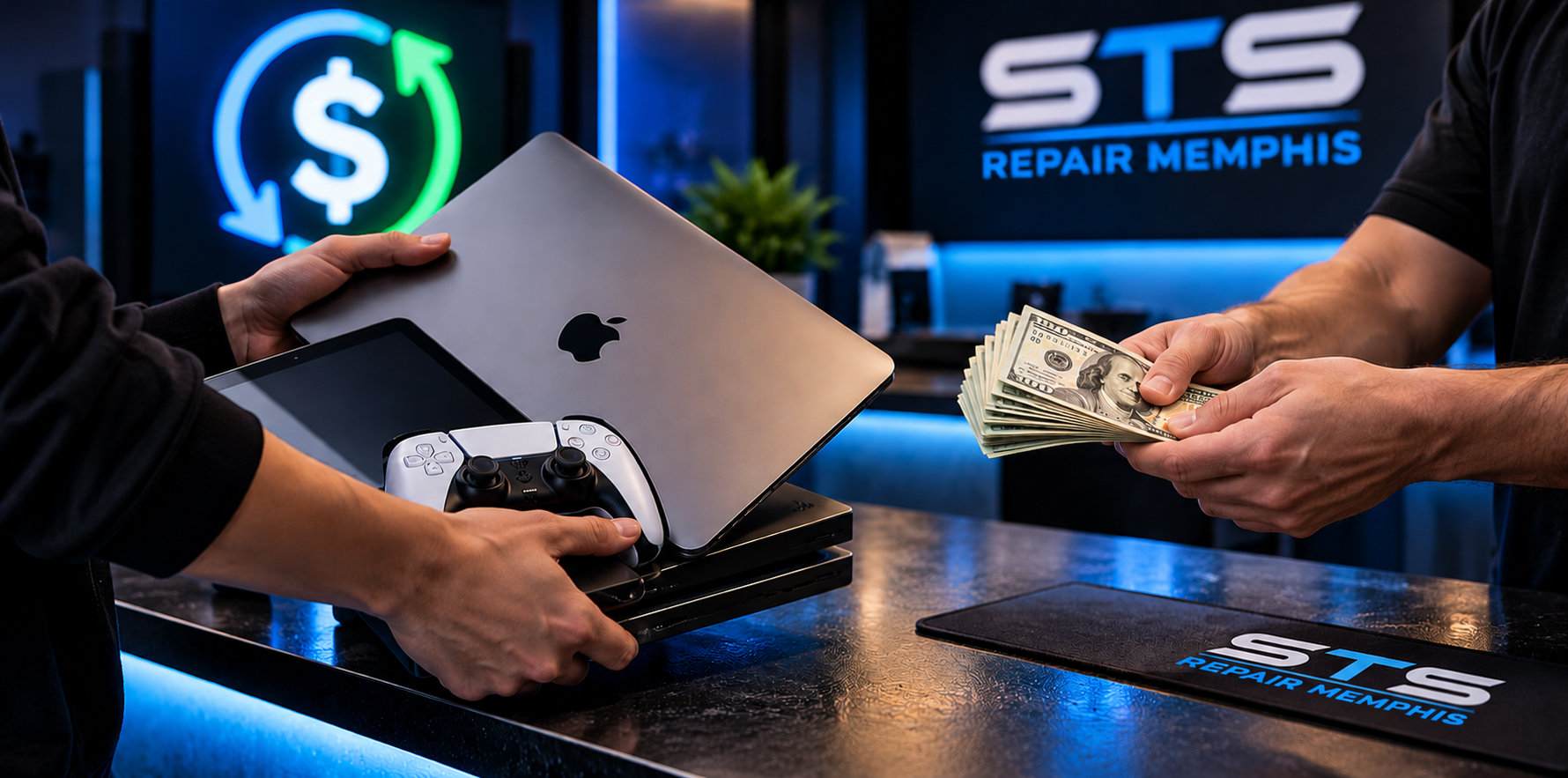 A customer handing over devices to an STS Repair Memphis team member in exchange for cash