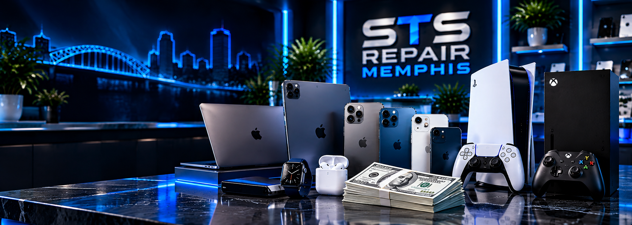The STS Repair Memphis buyback showroom — an illuminated counter display of smartphones, tablets, a laptop, a smartwatch, earbuds, a PlayStation 5 and an Xbox beside a stack of cash, with the STS Repair Memphis sign