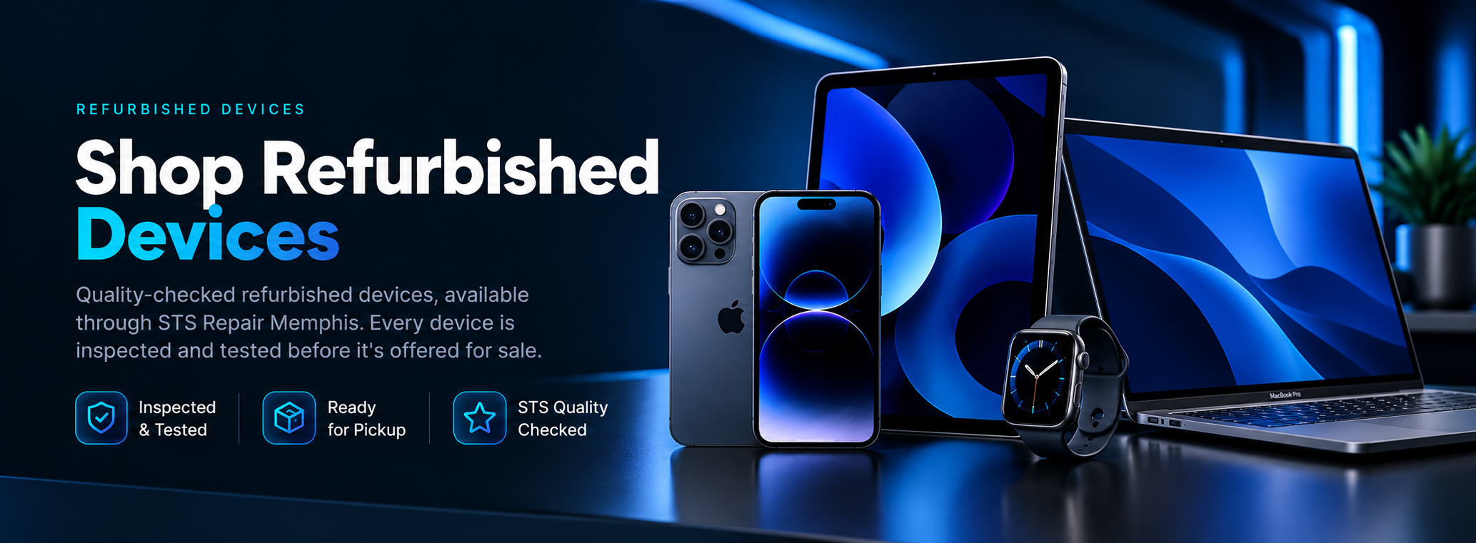 Refurbished devices offered by STS Repair Memphis — an iPhone, iPad, Apple Watch and MacBook on a dark blue background — with the heading Shop Refurbished Devices, a short description, and trust indicators reading Inspected & Tested, Ready for Pickup and STS Quality Checked