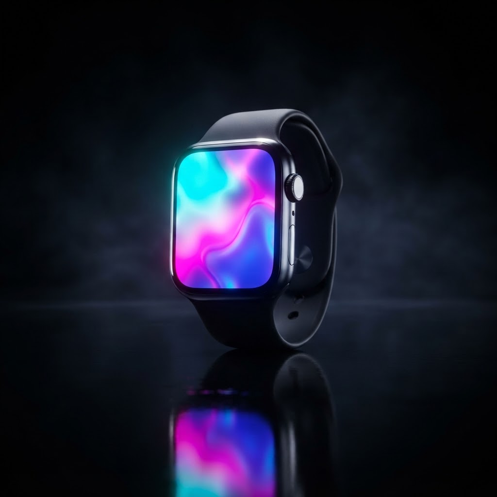 Apple Watch with vivid RGB display glow on a dark reflective surface
