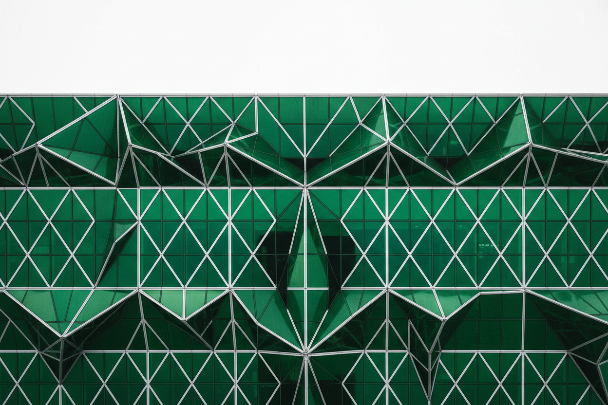 Modern glass and steel architecture with geometric grid patterns