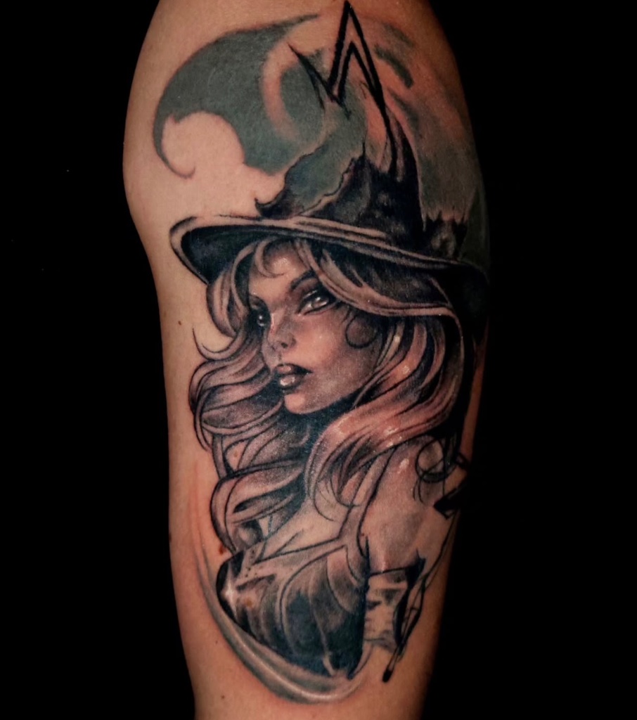 Witch black and grey arm tattoo by V01 Ink