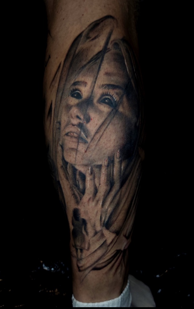 Black and grey woman portrait realism tattoo by V01 Ink