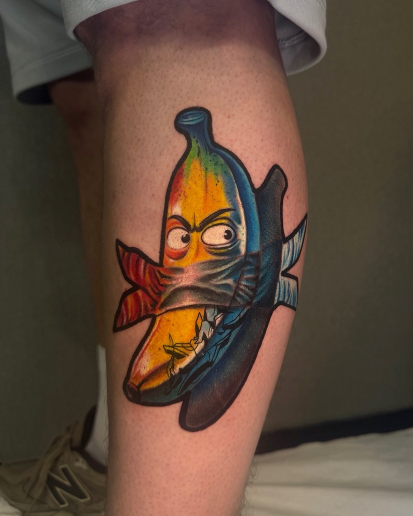 Illustrative banana colour tattoo by V01 Ink