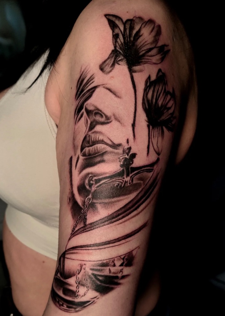 Hourglass and floral black and grey sleeve by V01 Ink