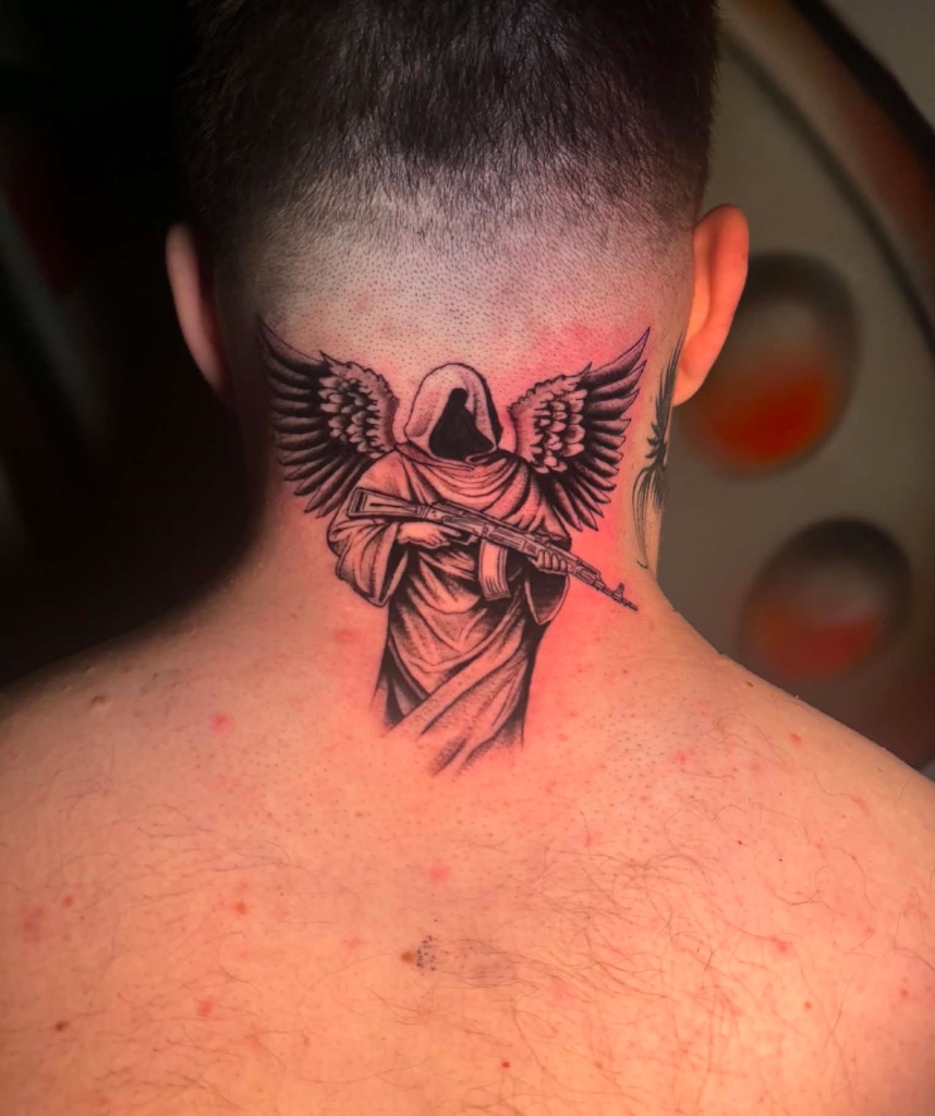Dark angel with wings black and grey neck tattoo by V01 Ink