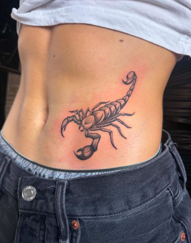 Scorpion black and grey side tattoo by V01 Ink