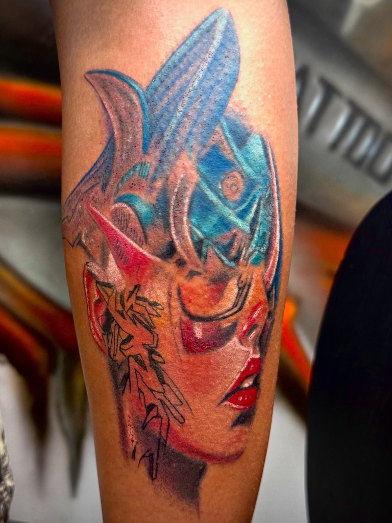 Custom colour portrait forearm tattoo by V01 Ink