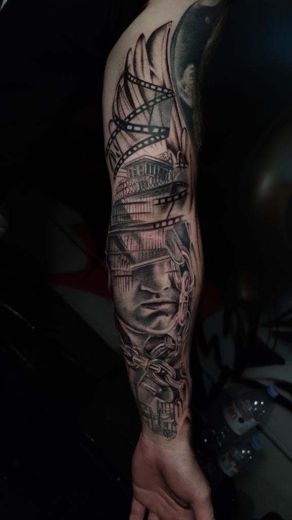 Man and waterfall black and grey forearm by V01 Ink