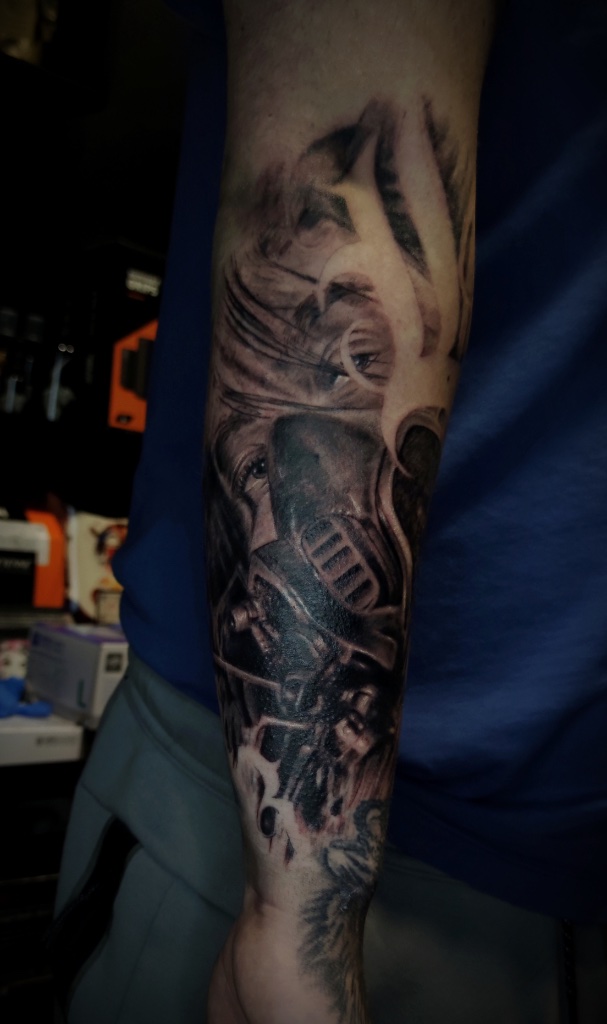Gas mask black and grey realism forearm tattoo by V01 Ink
