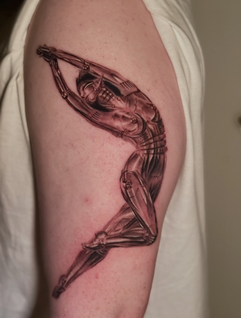Skeleton dancer black and grey arm tattoo by V01 Ink