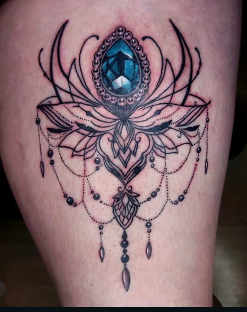 Fine line jewel lotus chandelier tattoo by V01 Ink