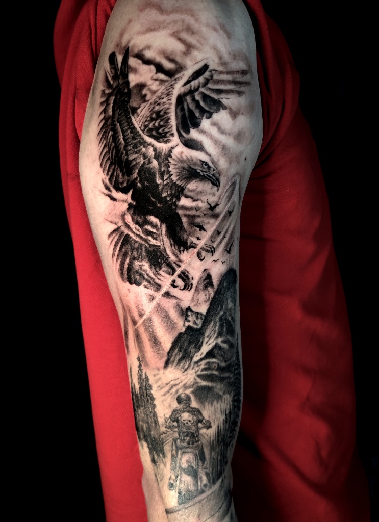 Eagle and motorbike black and grey sleeve by V01 Ink