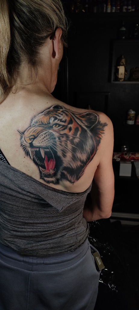 Wolf pack colour sleeve tattoo by V01 Ink