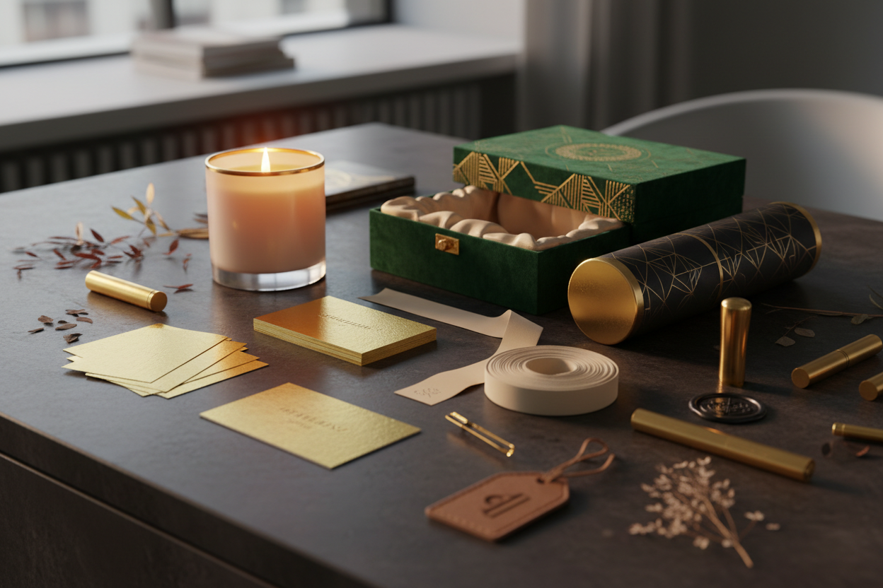 Premium branding materials with gold foil on dark surface